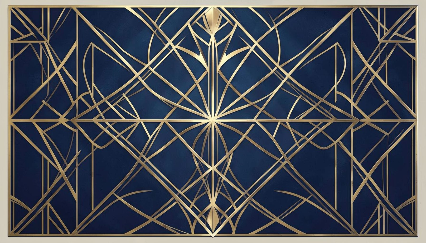 Composición geométrica art-deco con motivos simétricos en tonos dorados, azul profundo y crema, evocando un ambiente solemne y espiritual.