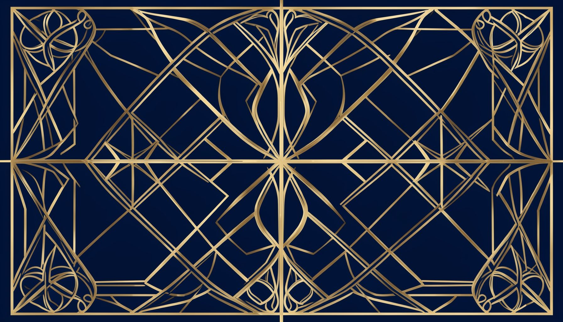 Composición geométrica art déco con motivos simétricos en tonos dorados, crema y azul noche, atmósfera serena y contemplativa