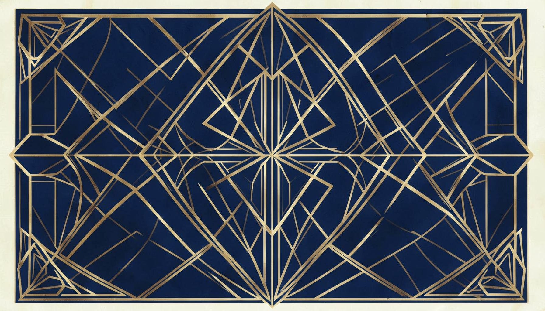 Composición geométrica art-deco con motivos simétricos en tonos azul profundo, dorado y crema, atmósfera serena y contemplativa