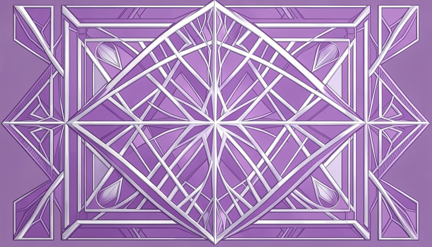 Composición geométrica art-deco con motivos simétricos en tonos violeta, plata y blanco, atmósfera tranquila y reflexiva