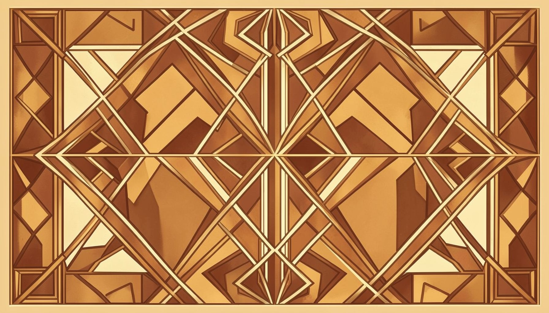 Composición geométrica art-deco con motivos simétricos en tonos ámbar, marrón y marfil, atmósfera cálida y acogedora
