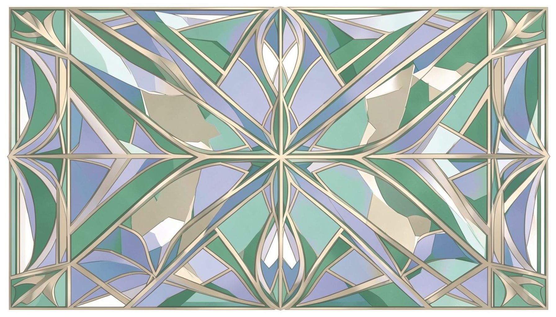 Composición geométrica art-deco con motivos simétricos en tonos verde salvia, beige y blanco roto, atmósfera serena y natural