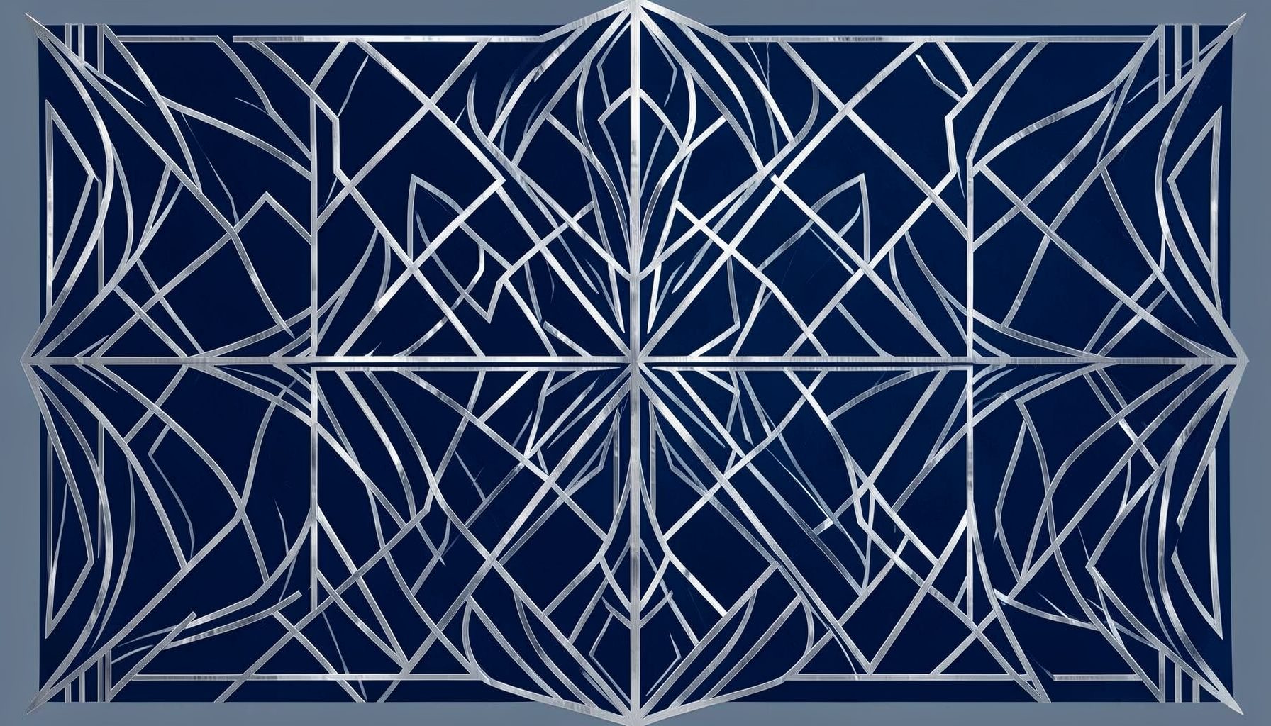 Composición geométrica art-deco con motivos simétricos en tonos azul medianoche, plata y blanco, atmósfera calmada y protectora