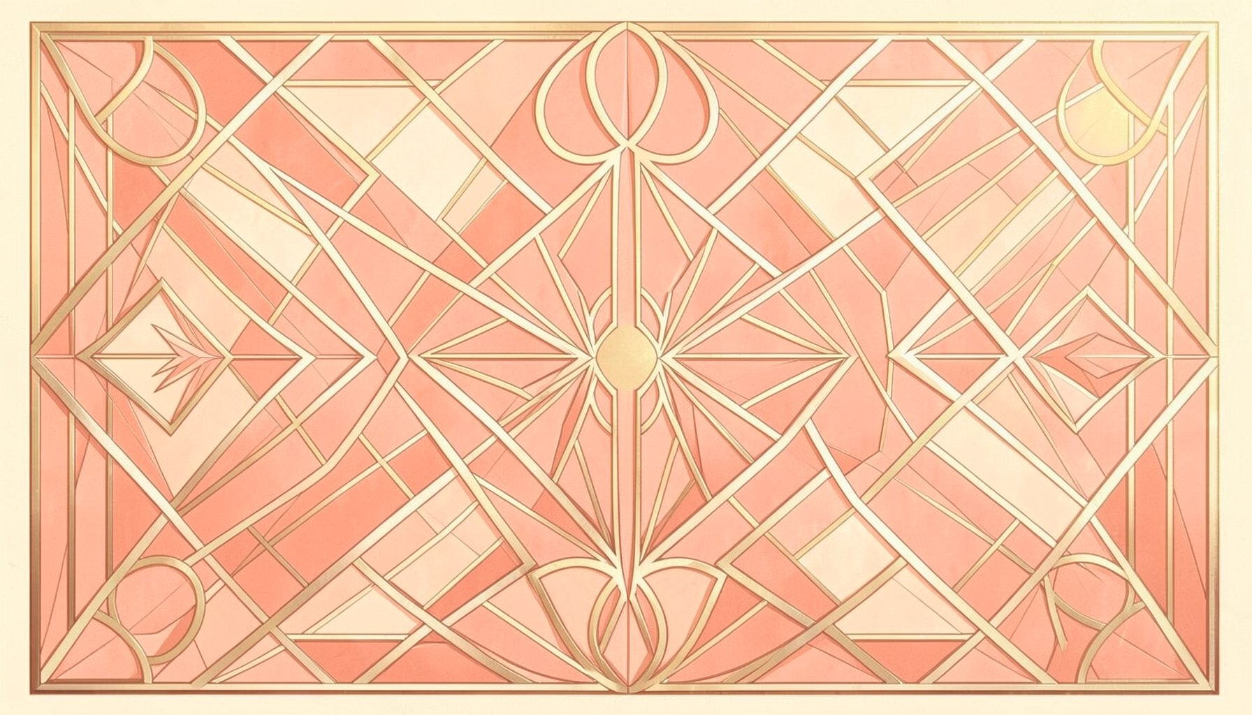 Composición geométrica art-deco con motivos simétricos en tonos coral, dorado suave y crema, atmósfera onírica y cálida