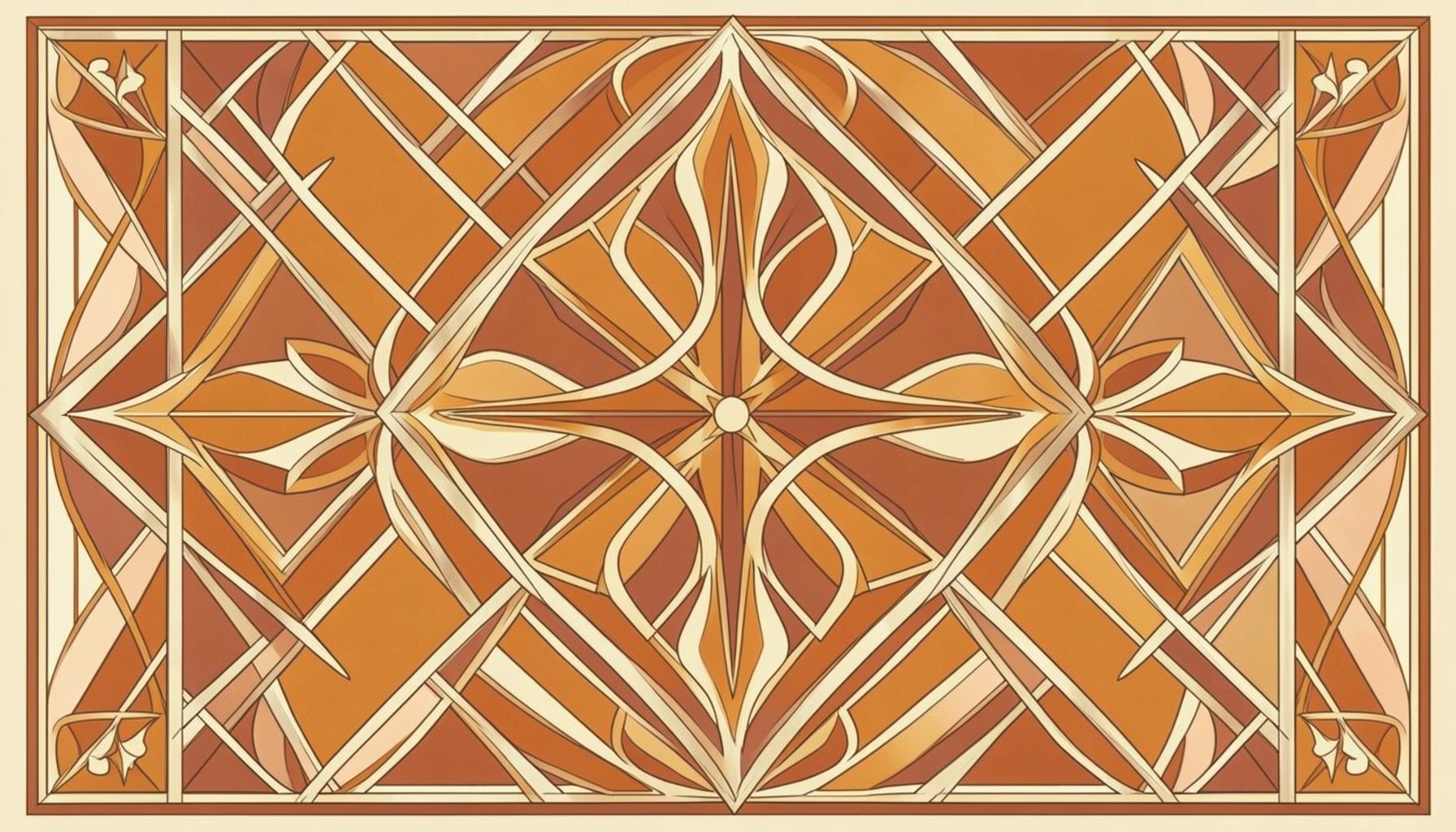 Composición geométrica art-deco con motivos simétricos en tonos ocre, terracota y marfil, atmósfera devocional y recogida